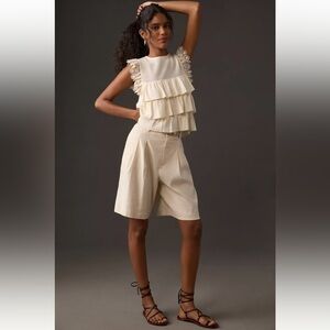 Anthropologie Dolan Cream Ruffle Sweater Tank Floral Lace Sleeves Size XS